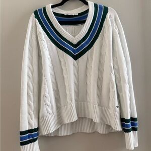 Vineyard Vines White V-Neck Sweater with Green and Blue Stripes